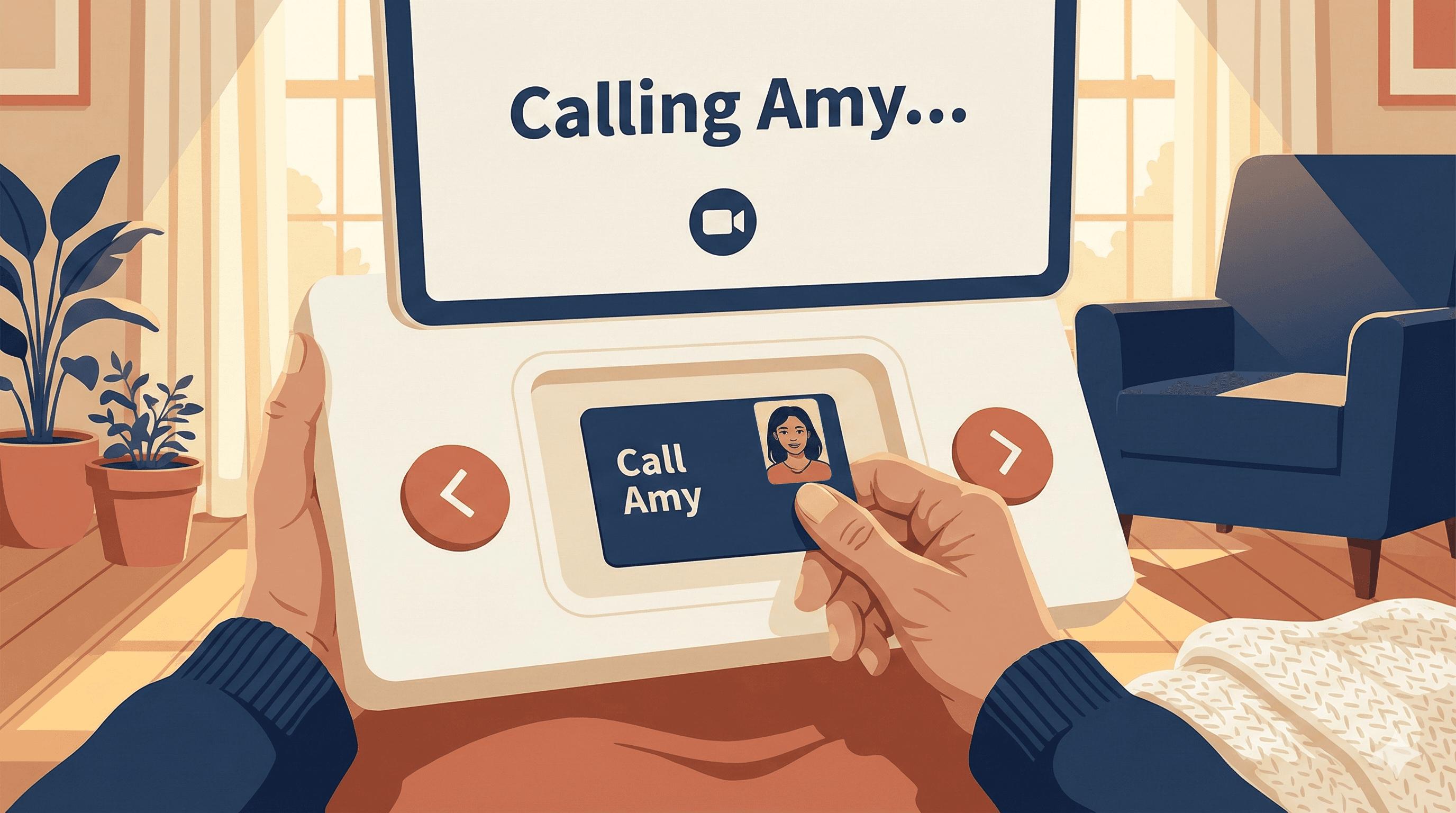 Tablet screen showing video call connecting